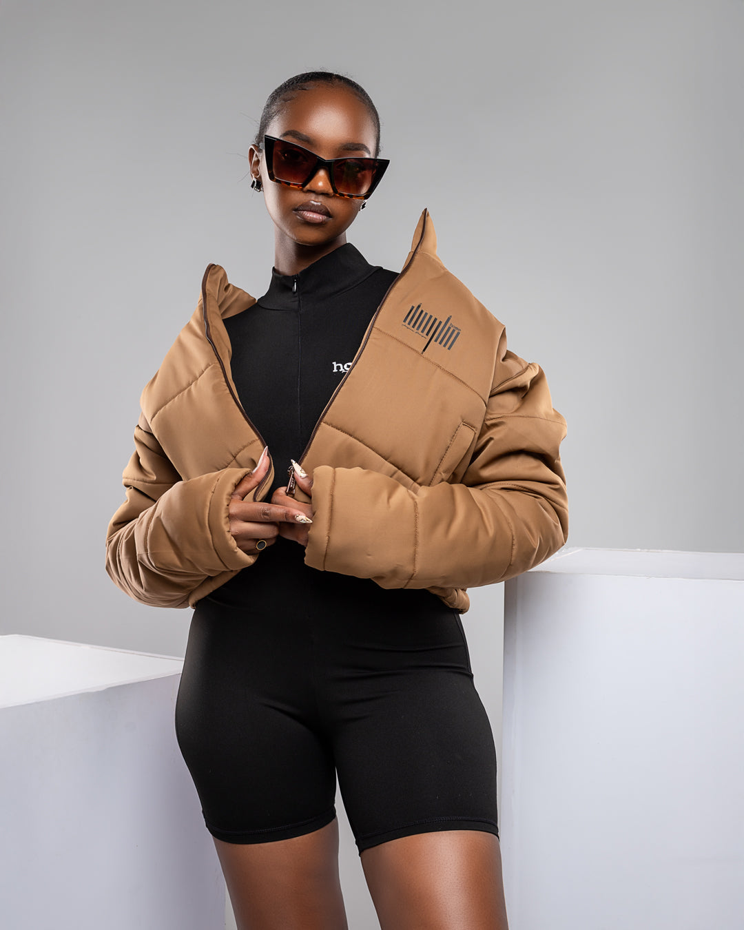Cropped Puffer Jacket - Dark Brown