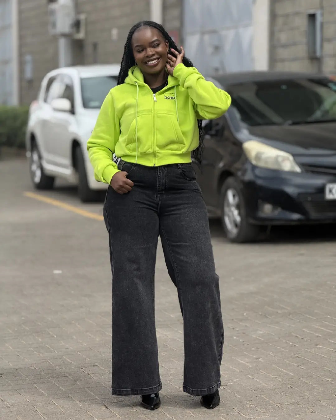 Cropped Zip-up Hoodie - Lime Green