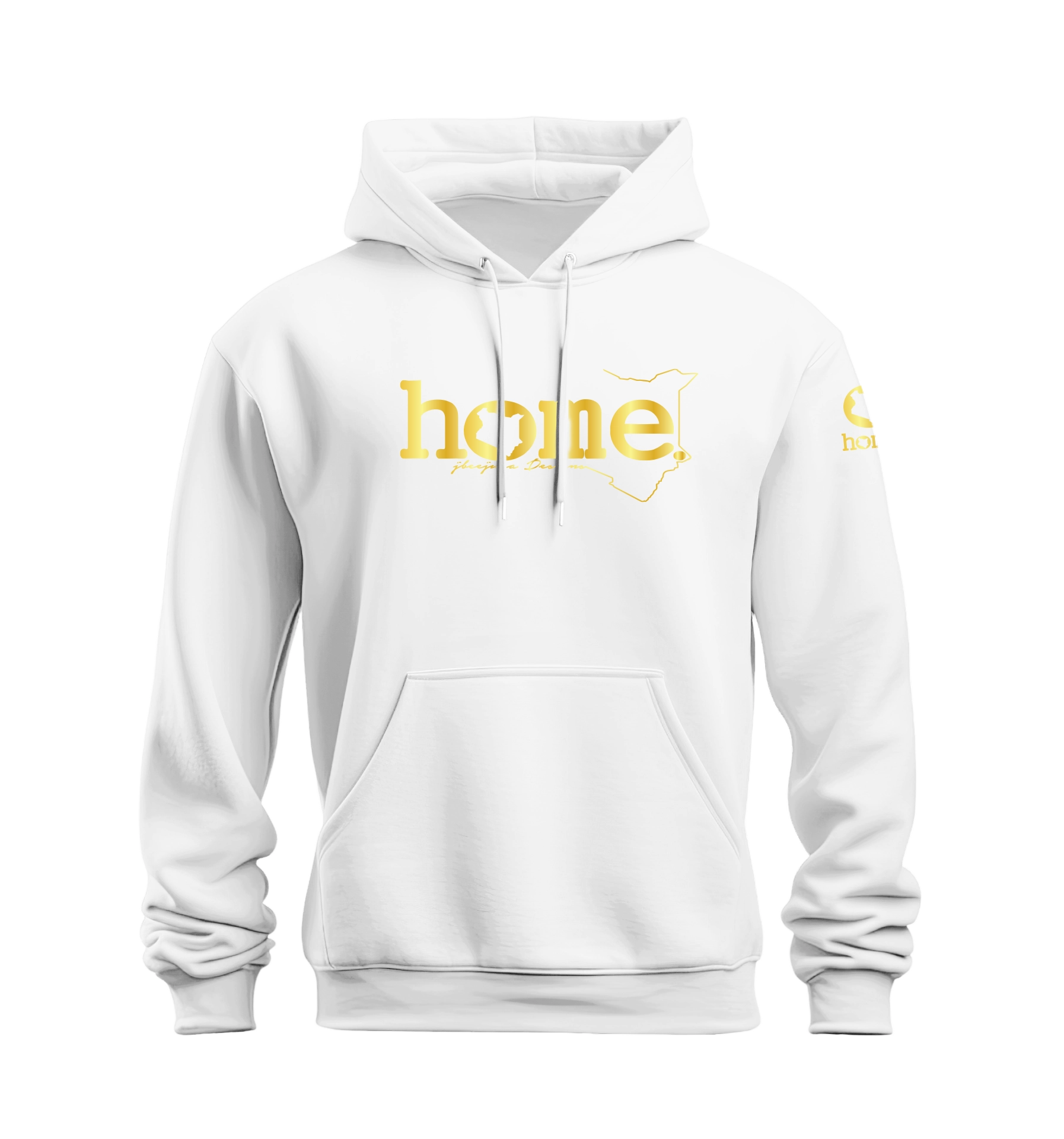 home_254 NUVETRA™ WHITE HOODIE WITH A GOLD CLASSIC WORDS PRINT