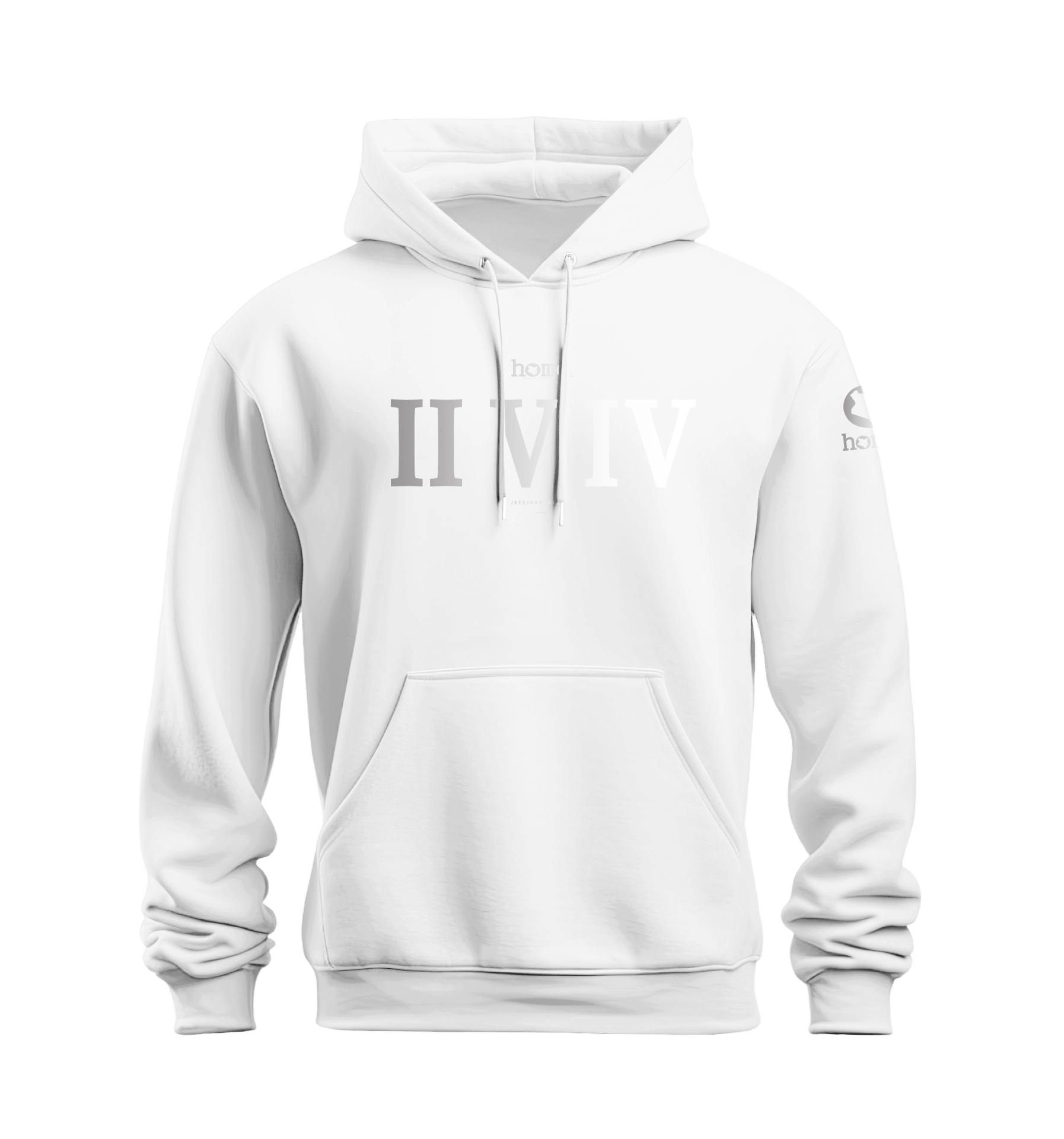 home_254 NUVETRA™ WHITE HOODIE WITH A SILVER ROMAN NUMERALS PRINT