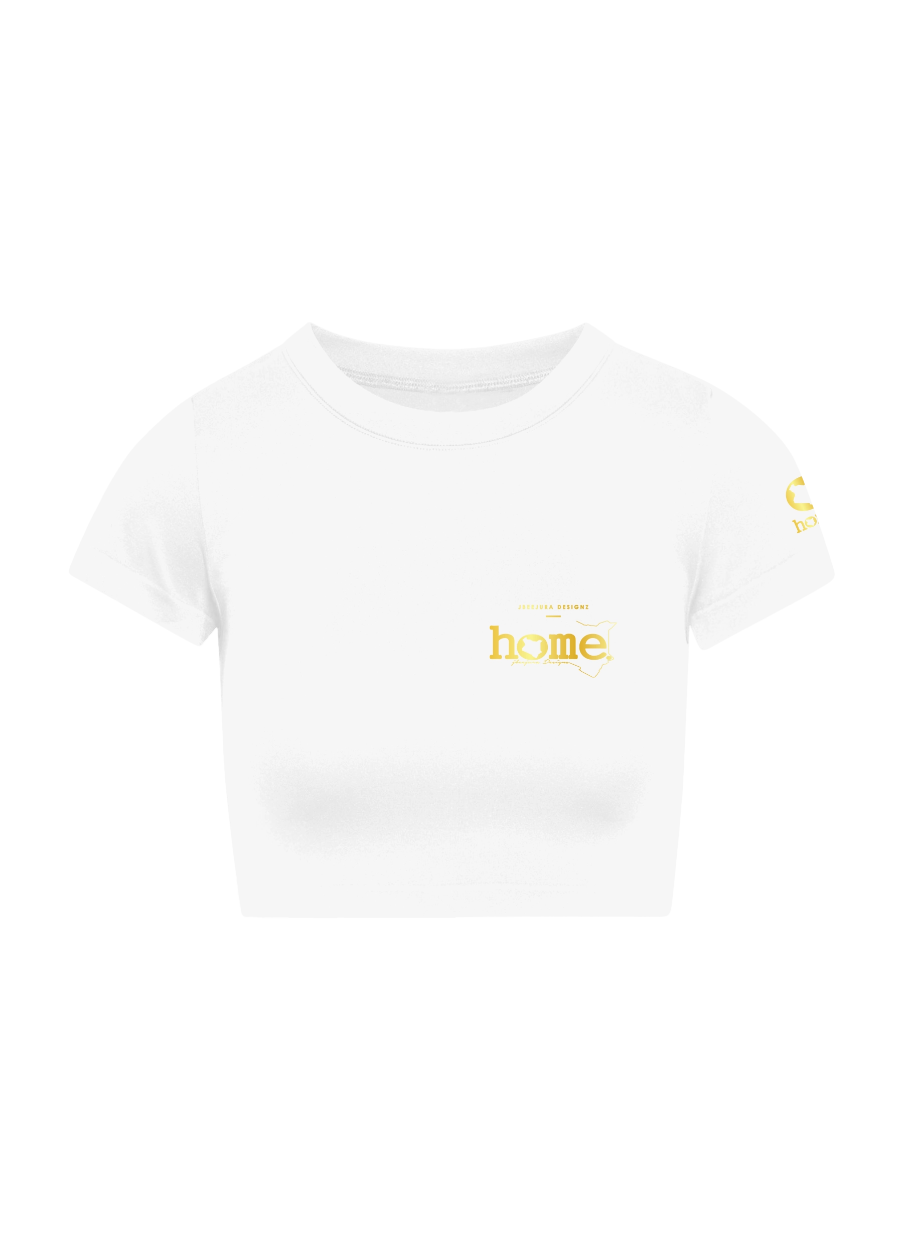 home_254 SHORT SLEEVED WHITE CROPPED ARIA TEE WITH A GOLD 3D WORDS PRINT