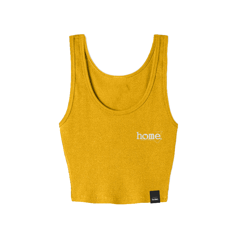 home_254 MUSTARD YELLOW MUSHIE VEST TOP WITH A SILVER 3D WORDS PRINT