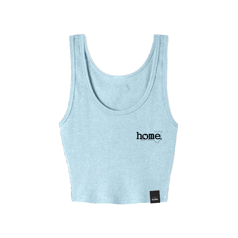 home_254 SKY BLUE MUSHIE VEST TOP WITH A BLACK 3D WORDS PRINT
