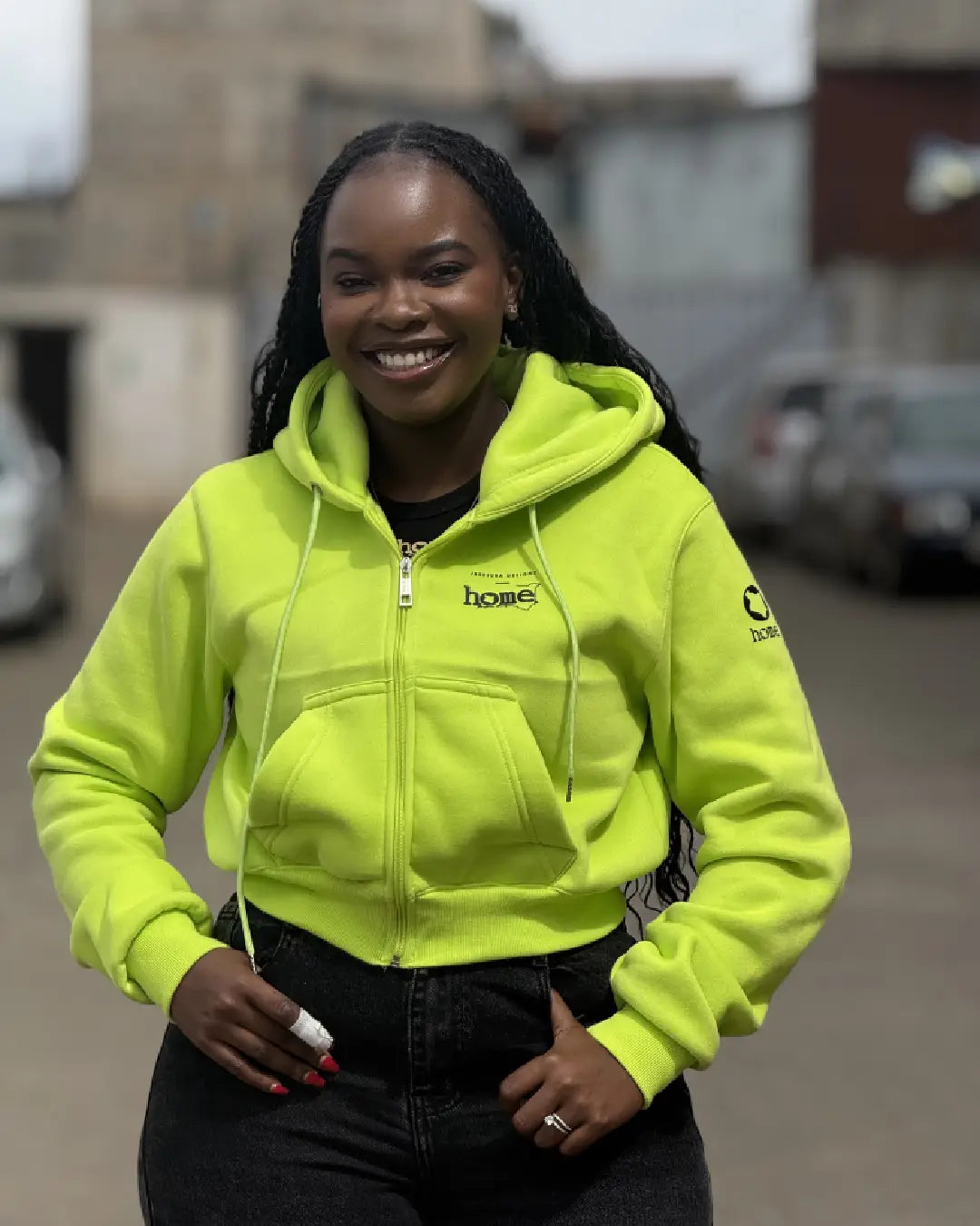 Cropped Zip-up Hoodie - Lime Green