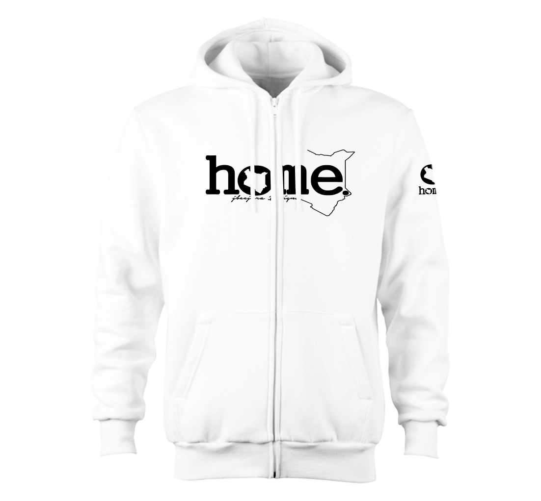 home_254 NUVETRA™ WHITE ZIP UP HOODIE WITH A BLACK CLASSIC WORDS PRINT